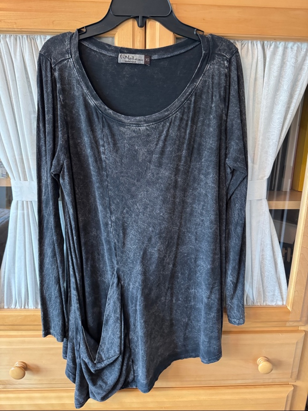 Notations Washed Black Scoop Neck Long Sleeve Tunic with Side Drape